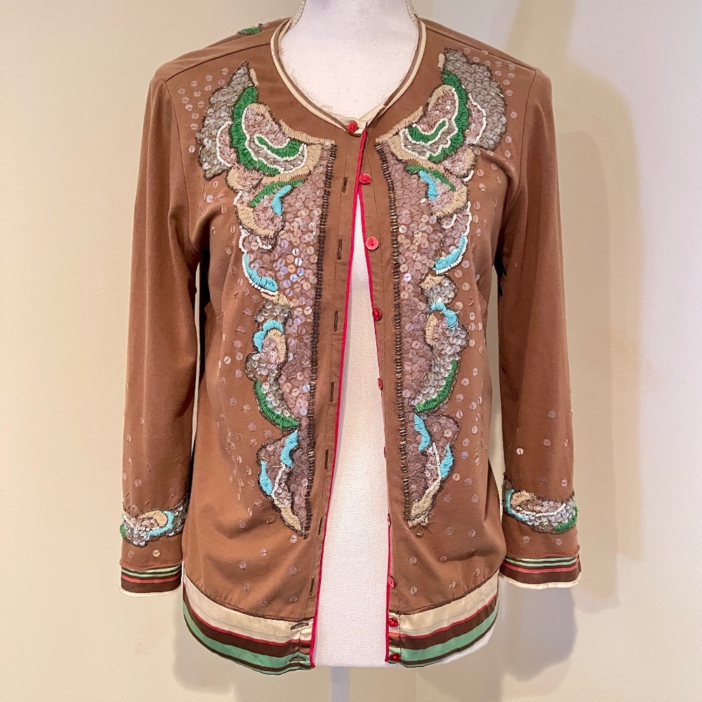 Brown Embroidered Women's Button-Front Cardigan Hoodie